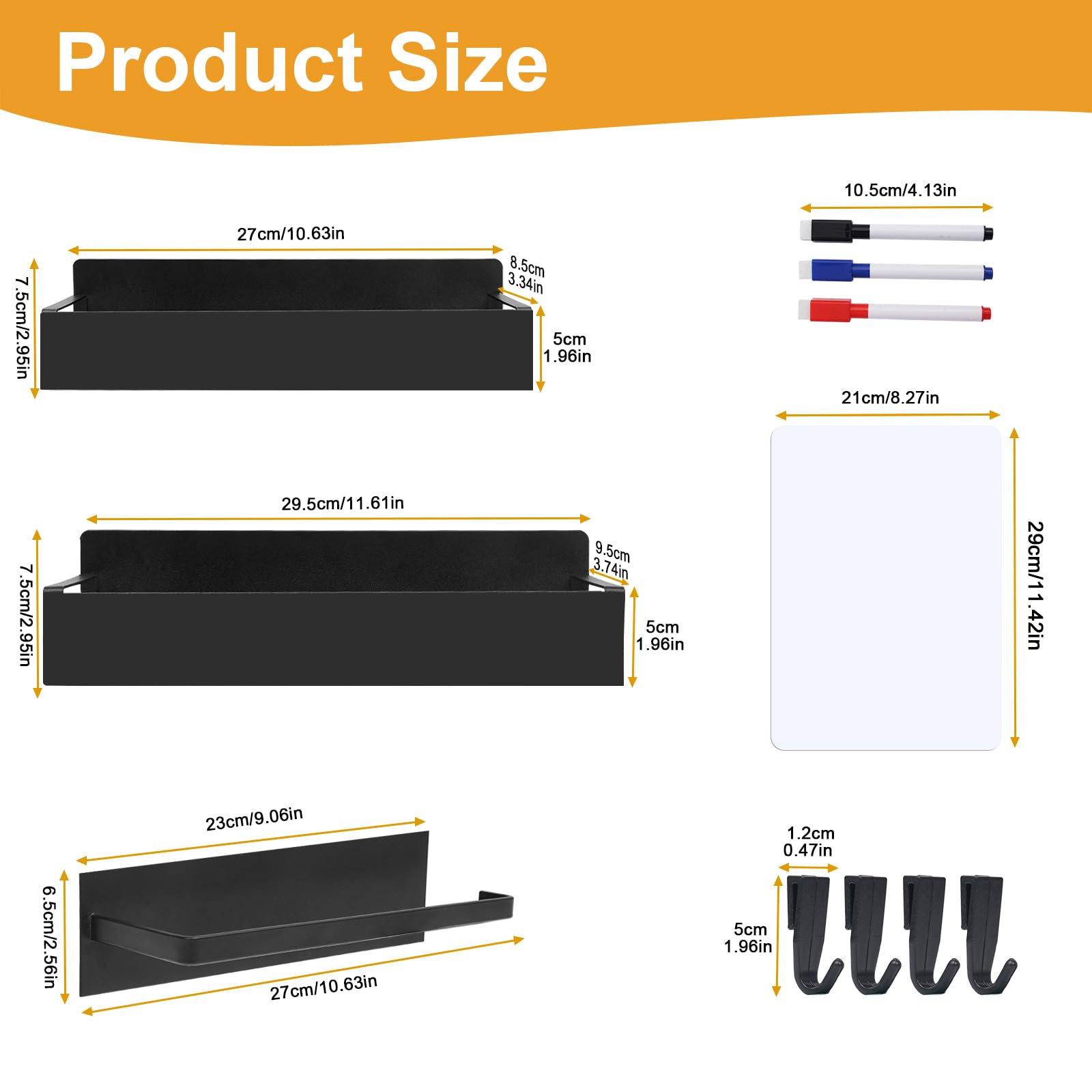 SUNHEARTH 4 Pack Magnetic Spice Rack for Refrigerator,Metal Magnetic Shelf Black with Paper Towel Holder,Whiteboard,3 Markers,4 Hooks,Space Saving for Home,Kitchen