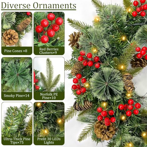Prelit Christmas Wreath with Lights, Pine Cones & Red Berries - 20 Inch