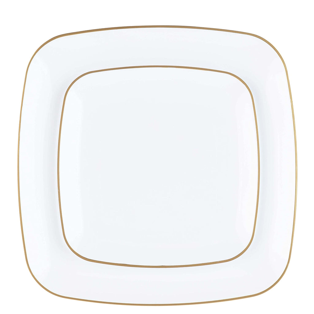 PLASTICPRO Square 128 Piece Combo Plates Set includes 64 x 7'' inch Plates & 64 x 10'' inch Dinner Plates White Plastic Gold Rim Design Party Plates, Premium heavyweight Elegant, Dishes,