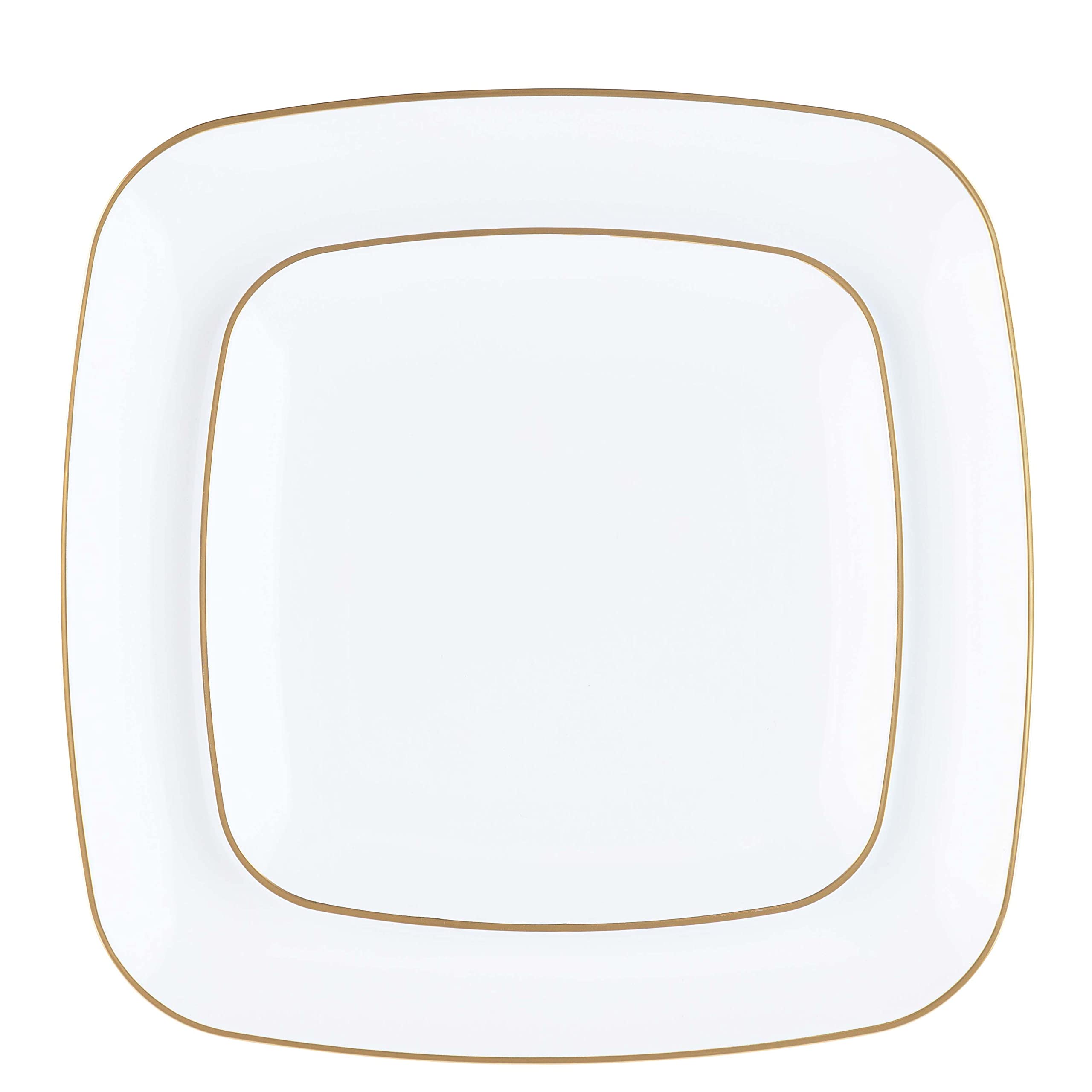 PLASTICPRO Square 128 Piece Combo Plates Set includes 64 x 7'' inch Plates & 64 x 10'' inch Dinner Plates White Plastic Gold Rim Design Party Plates, Premium heavyweight Elegant, Dishes,