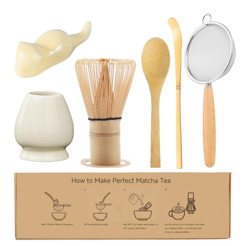 JavaNest Matcha Whisk Set, 6-Piece Matcha Making Kit, Macha Tea Set, (Chasen Holder), Ceramic Whisk Holder, Matcha Starter Sifter, Bamboo Scoop, Spoon Japanese Tea Tools For Ceremony Gift (Yellow)