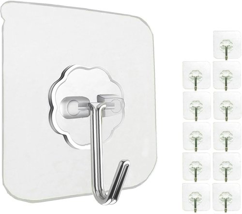 Jwxstore Heavy Duty Self-Adhesive Hooks - 33lb Max Capacity, Waterproof & Transparent | 12 Pack for Home & Outdoor Use