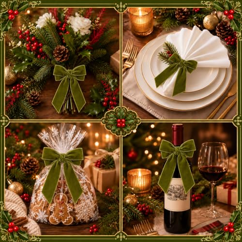 APTWOW Grass Green Velvet Bow Napkin Rings Set of 6 for Christmas Table