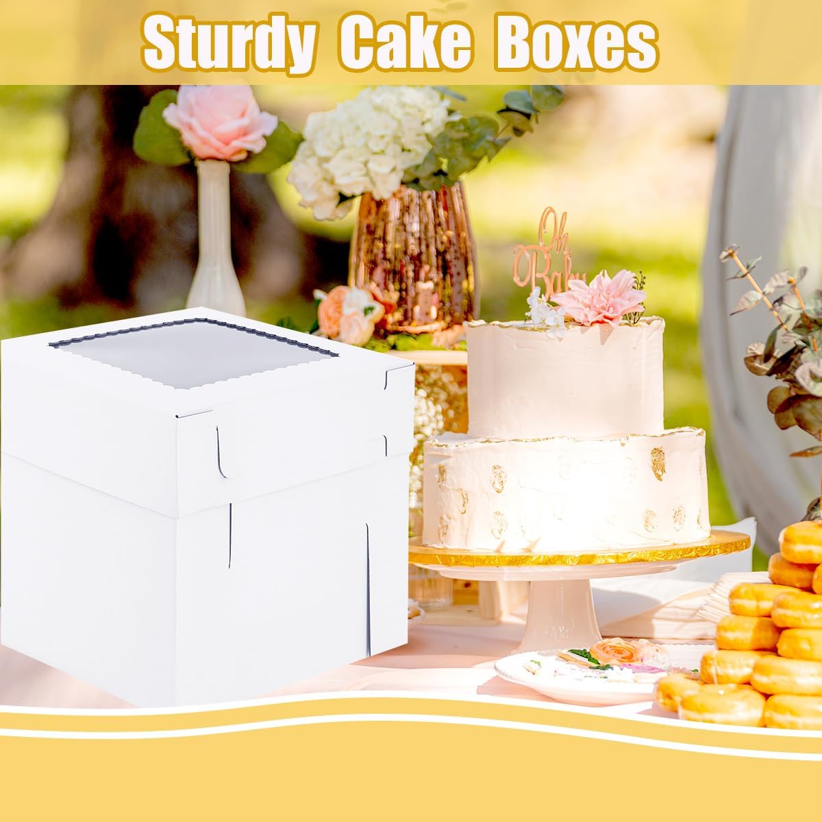 Skiennix Tall Cake Boxes - Sturdy 14x14x12 Inch Wedding Cake Carrier | 2 Pack with Window