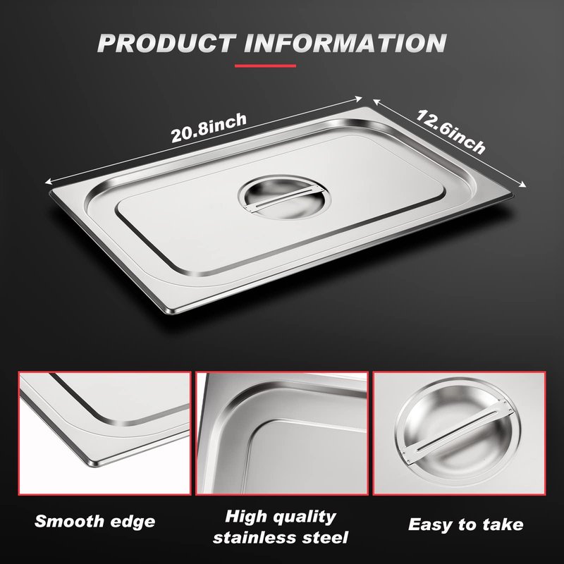 Suclain Full Size Steam Table Pan Covers Hotel Pans Covers with Handle 0.8 mm Thick Stainless Steel 20.8"L x 12.8"W Commercial Food Lid for Steam Food, Buffet, Roasting(8 Pack)