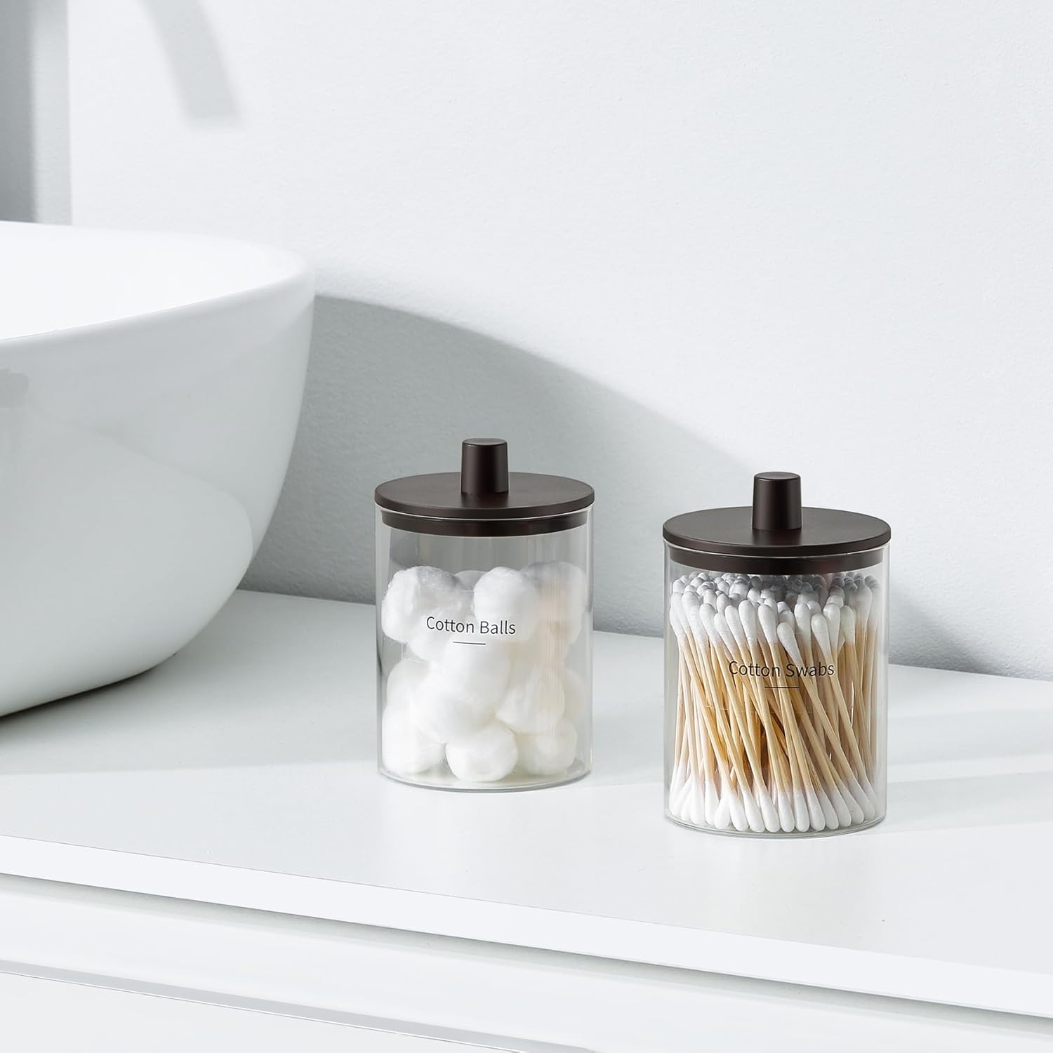 TIPGO Glass Qtip Holder Dispenser - 10 oz Clear Apothecary Jar for Cotton Swabs & Makeup Storage | 2 Pack, Brown