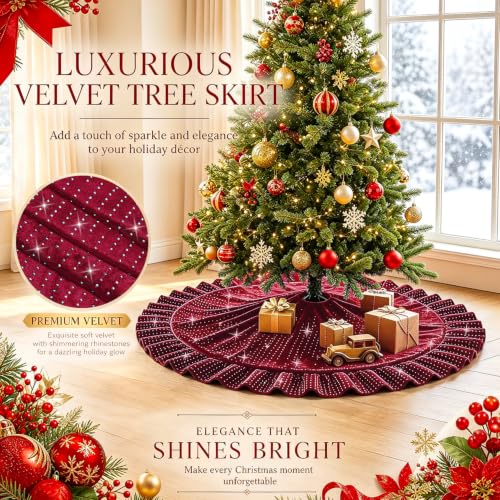 FANPROMS Burgundy Christmas Tree Skirt 60 Inch Sequin Ruffled Holiday Decor