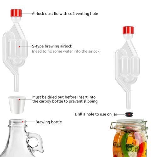 Dbgogo S-Shape Brewing Airlock Kit, 5 Pack Homebrew Airlocks for Fermenting with Airlock Grommets, Carboy Stoppers, CO2 Venting Hole Dust Caps & 2 Brewing Aquarium Thermometer Stickers