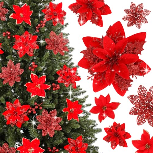 Nubry 30Pcs Red Glitter Poinsettia with Clips & Berry Picks - Red-30