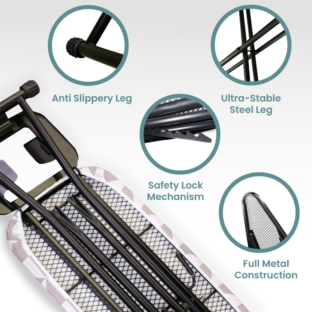 Compact Ironing Board Foldable | Hanging Iron Board with Safety Iron Stand & Rest for Small Space or Apartment, Thick Cover & Pad, Height Adjustable up to 33" Features 4 Steel Legs (36x13)