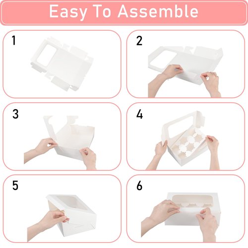 fwipiyo 50 Packs Cupcake Boxes,9.4x6.1x3.14 Inches 6 Count Cupcake Box,White Cupcake Containers with Clear Window and Six Treat Holder,Pastry and Cookie Boxes,Bakery Boxes