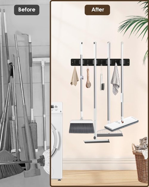 AceMining Broom Holder - Wall Mounted Mop Organizer with 4 Holders & Hooks | Natural Pine Wood