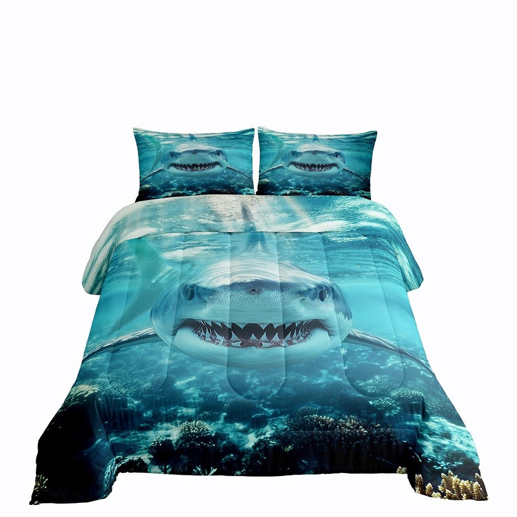 Erosebridal Shark Comforter Set, 3D Shark Bedding Set Full Size, Ocean Wave Sea Animals Duvet Set for Kids Boys Ocean Sea Wave Quilt Blue White