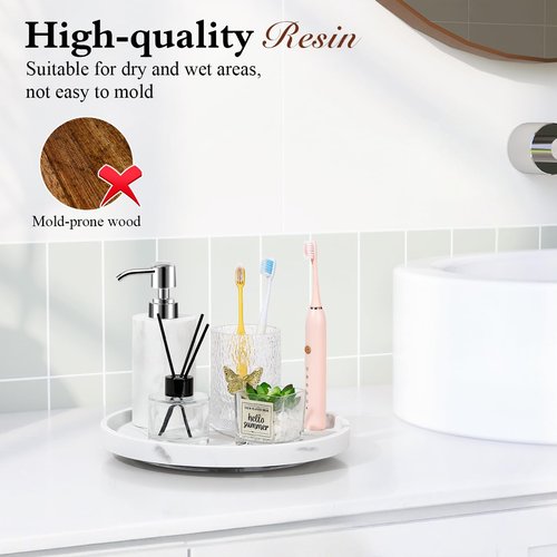 Luxspire Turntable Lazy Susan for Table Top, Marble Round Tray 10.63 inch, Lazy Susan for Cabinet Dining Table Kitchen Pantry, Rotating Bathroom Countertop Organizer, Gravel White