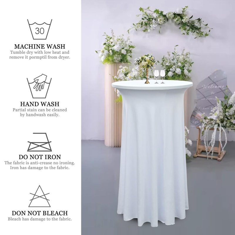 Yoquare 1-Pack 24"x43" White Round Cocktail Table Skirts | Stretch Spandex Fitted Tablecloths | Stain-Resistant, Wrinkle-Resistant, and Machine Washable for Bars, Weddings, Parties, and Banquets