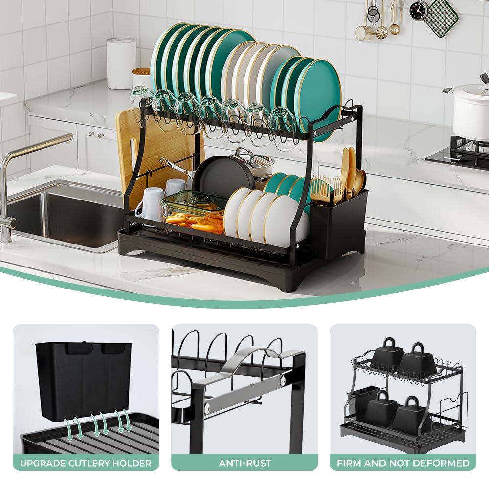 HANLE Large Dish Drying Rack Space-Saving for Kitchen Counter, 2-Tier Stainless Steel Dish Drainer Organizer with Cutlery Holder, Black