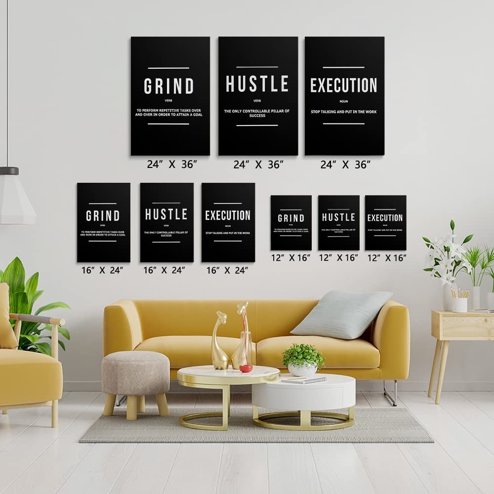 GUBIYU Black and White Motivational Wall Decor for Living Room Grind Hustle Execution Canvas Wall Art Pictures Large Office Wall Art Inspirational Posters for Men Guys Bedroom Gym Decor 16"x24"