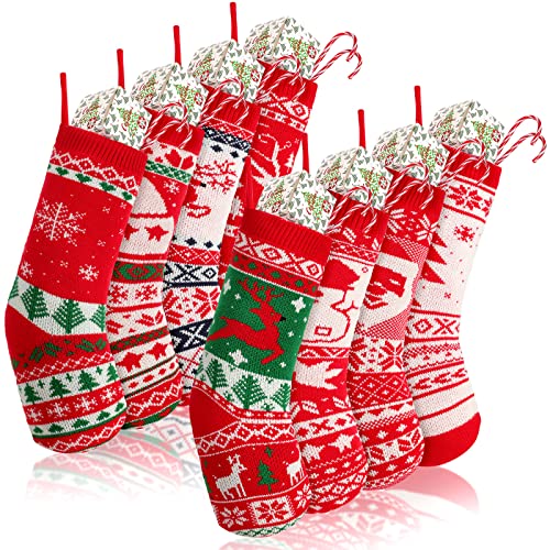 Cindeer 8 Pack 18 Inch Knit Christmas Stockings Santa Snowman Reindeer Holiday Decor