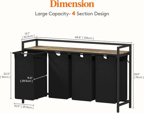 Lifewit Laundry Hamper - 4-Section Organizer with Large Top Shelf & 4 Removable Bags - Black