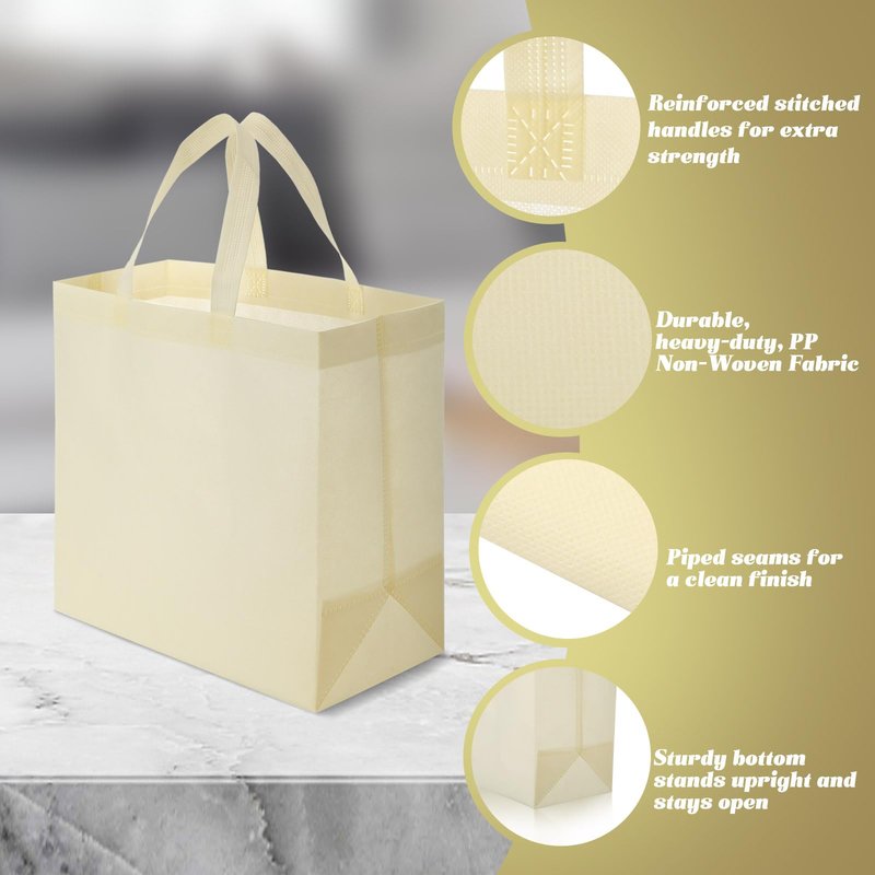 Vincreem 30 Pcs Reusable Tote Bag Bulk Non Woven Grocery Bag with Handle Blank Foldable Shopping for Groceries Shop Retail(Beige)