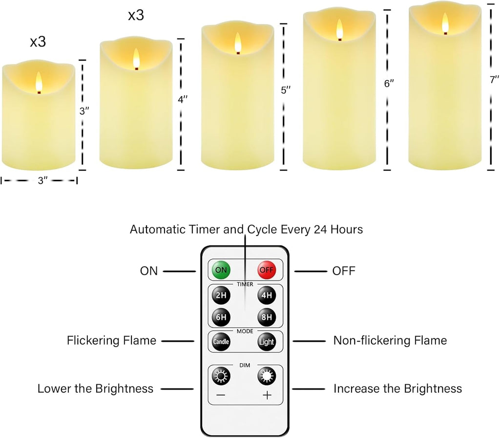 Nimiko Flameless Candles Set of 9 - Remote-Controlled LED Candles with Timer | Realistic Flickering Effect (Ivory)