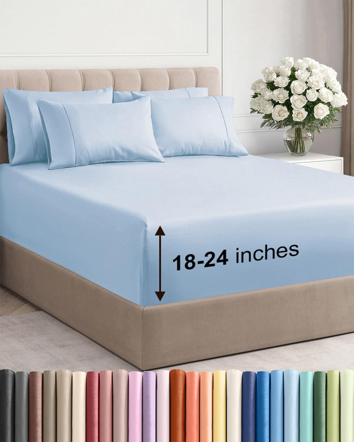 Skiennix Extra Deep Full Sheet Set | 6-Piece Breathable Cooling Bedding - Soft, Wrinkle-Free Sky Blue