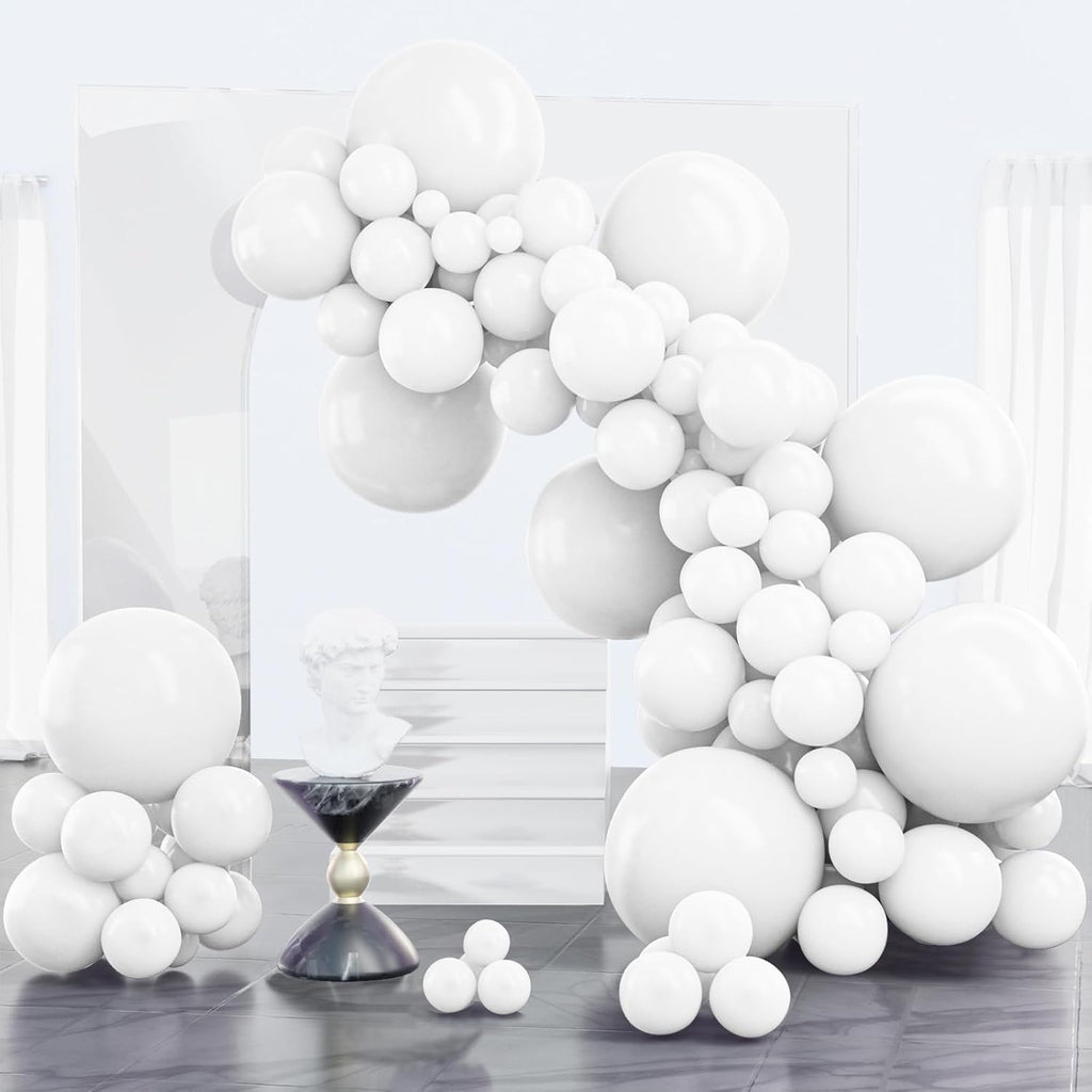 PartyWoo White Balloons - 100pcs Matte Latex Balloon Arch Kit | 12", 10", 5" Sizes for Weddings & Events