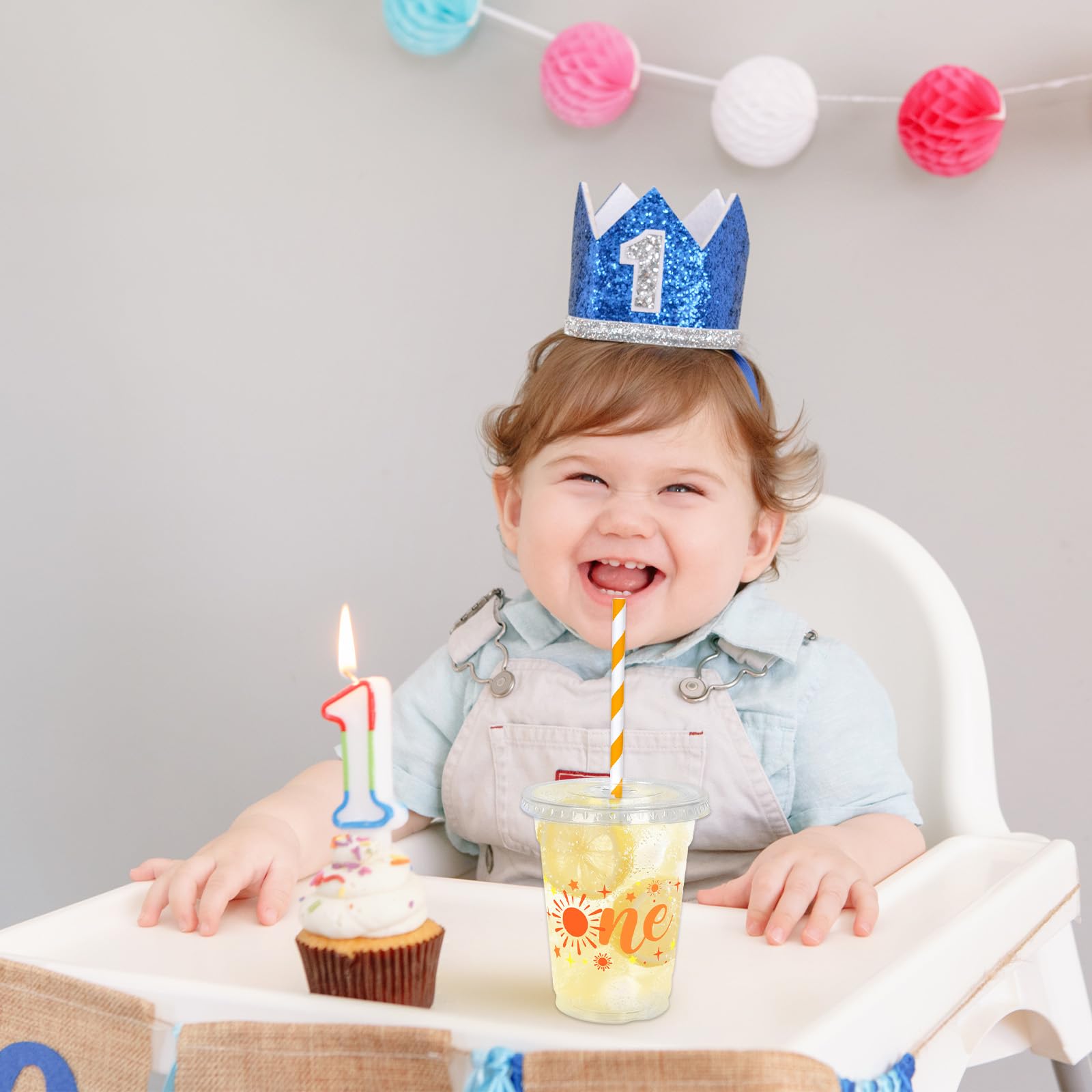 Whaline 50Pcs One Sun Disposable Plastic Cups with Lids and Straws 12 oz Boho Sunshine Party Cups Cold Beverage Drinking Cups for First Birthday Baby Shower Party Supplies