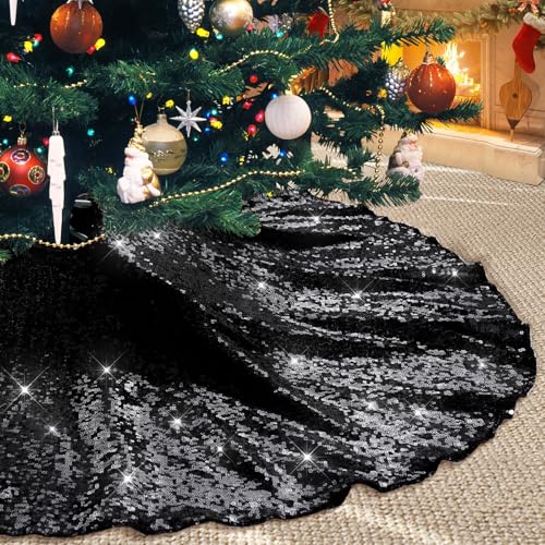 Black Sparkle Sequin Christmas Tree Skirt - 36 Inch Xmas Decor Mat