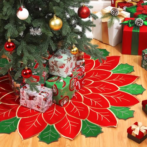 Jenaai 35-Inch Christmas Tree Skirt with Poinsettia Embroidery - Red & Green