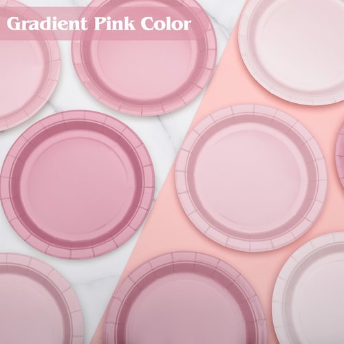 Xiangqu 120 Pcs Dusty Pink Paper Plates, 9 inch Mothers Day Plates Birthday Cake Dessert Plate Gradient Pink Dinner Plate for Mothers Day Baby Bridal Shower Birthday