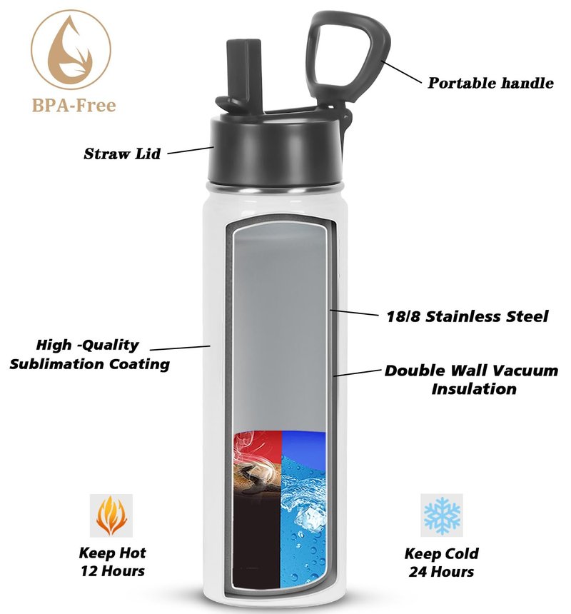 Draheri Sublimation Sports Water Bottle blanks, 22 Oz Sublimation Tumblers, Double Wall Stainless Steel Sports Water Bottle Flask with Portable Handle, Individually Boxed (8 Pack)