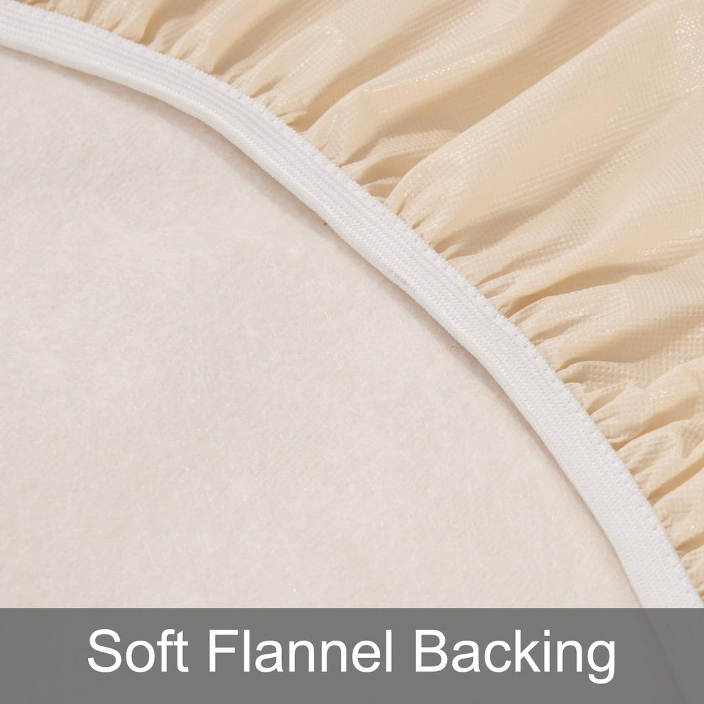 Runqiju Round Fitted Tablecloth with Elastic Edge, Flannel Backed Vinyl Tablecloths, Wipeable Waterproof Plastic Table Cloth Fits 40" - 44" Round Table for Dining, Camping, Indoor and Outdoor, Beige