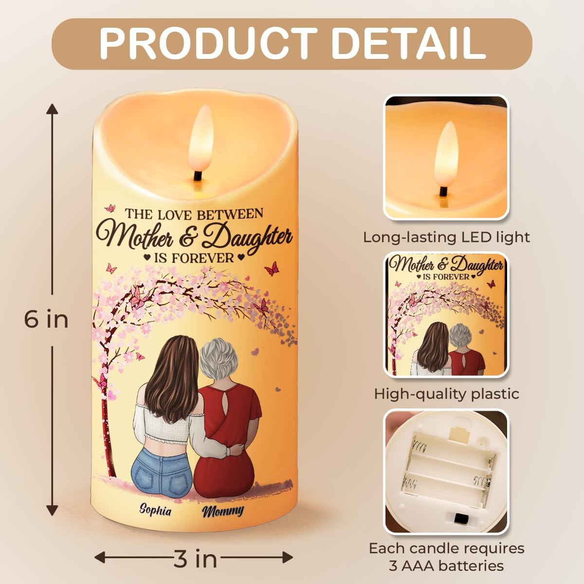 Regine Switzerland Personalized LED Flameless Candles - Mother & Daughter Gift for Special Occasions