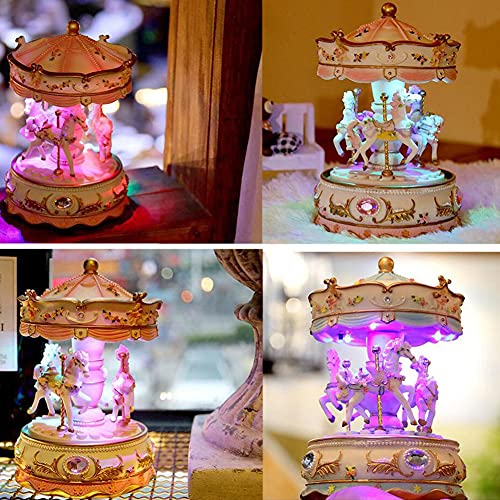 Rotating Carousel Music Box with LED Lights, Pink Resin Tabletop Decor