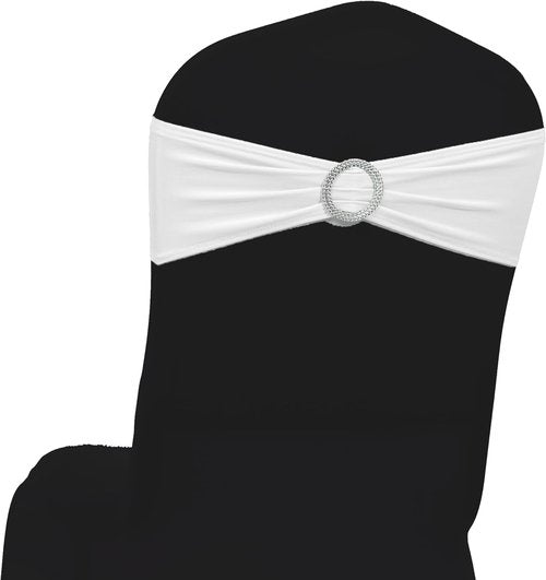 MDS Spandex Chair Sashes - Universal Fit Elastic Stretch Bands with Buckle Slider Bow | 150 Pack - White