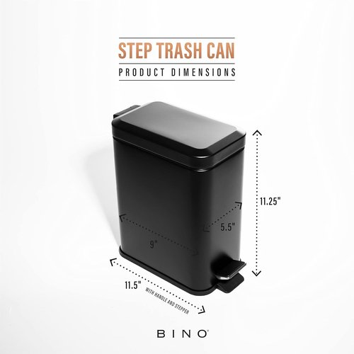 BINO Rectangular Step Trash Can - 1.3 Gallon Stainless Steel with Lid | Matte Black for Home & Office
