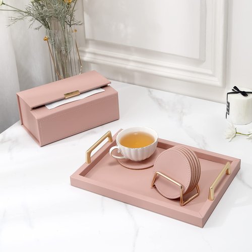 CASEGRACE Drink Coasters with Metal Holder Stand Set of 6, PU Leather Absorbent Coasters with Cork Base Table Coaster Set Decorative Coffee Cup Coasters Housewarming Gift for Home Decor