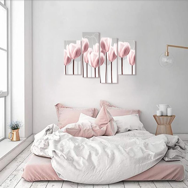 Visual Art Decor Floral Canvas Wall Art Pink Tulip Wall Decor, Pink Flower Painting Living Room Bedroom Home Wall Decoration Framed Artwork 34inx48in