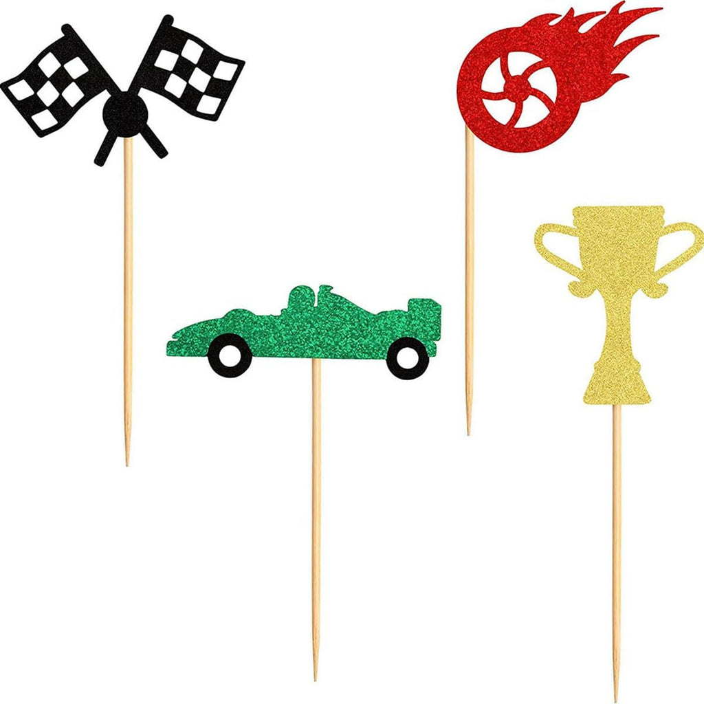 Regine Switzerland Race Car Cupcake Toppers - 24Pcs Glitter Trophy Flags & Wheels for Sports Theme Parties