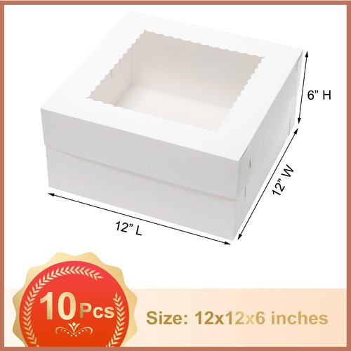 Mcfleet 12x12x6 Inch Cake Boxes 10pcs Bakery Boxes for Tier Cakes with Window 12 Inch White Large Tall Cardboard Bakery Take Out Carrier Containers with Lids for Wedding, Birthday, Party