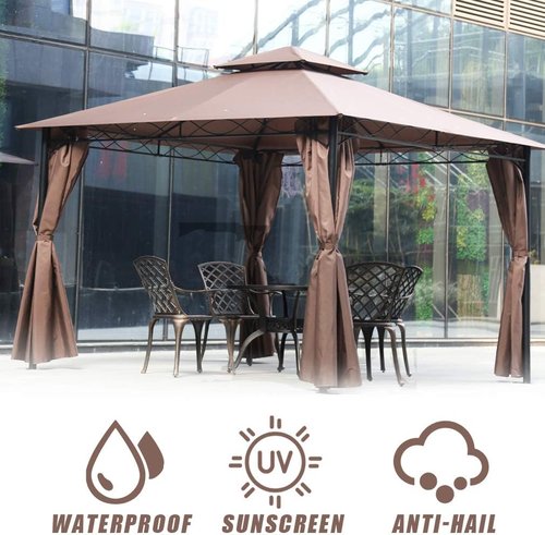FDW Outdoor Patio Gazebo - Heavy Duty Steel Frame Canopy with Double Roof & Privacy Curtains | 10'x13' (Brown)