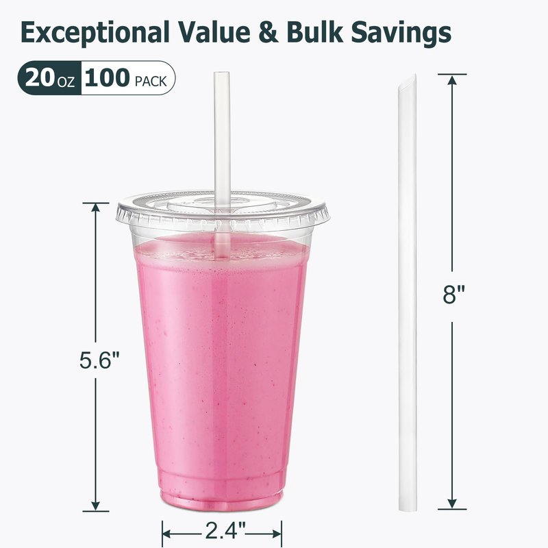 AOZITA [100 Sets] 20 oz Clear Plastic Cups With Lids and Straws, Iced Coffee Cups Disposable Cups for Iced Coffee, Smoothie, Milkshake and Cold Drinks