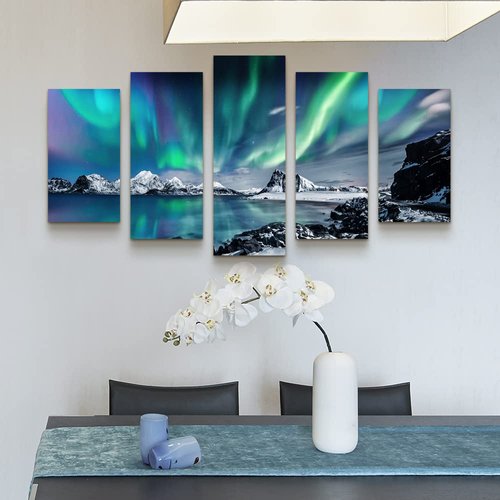 Large Canvas Wall Art Set - Blue Aurora Scenery Paintings for Living Room, Bedroom & Office - Modern Canvas Art Prints Ready to Hang - 5 Piece Set