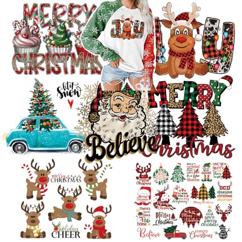 Adonisaon Christmas Heat Transfer Stickers - 7 Sheets Xmas Iron-on Decals for DIY Clothing & Holiday Crafts