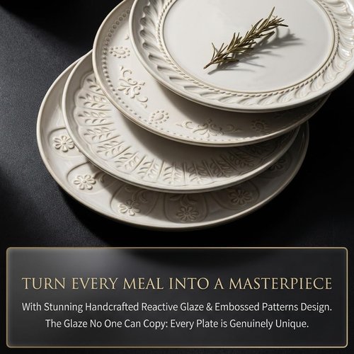 Artena Large Ceramic Dinner Plates Set of 4 - 10.75 Inch Embossed Kitchen Salad Plates | Microwave & Dishwasher Safe
