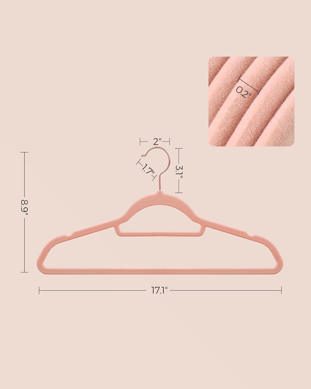 SONGMICS Velvet Hangers - Non-Slip Rose Gold Swivel Hook - Space-Saving Set of 50 - Coral Pink, 17.1-Inch Long