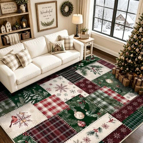 AtawLege 6' x 9' Christmas Area Rug - Red & Green Patchwork w/ Snowflake & Pine