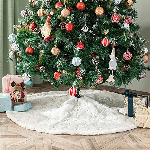 AtiMing White Plush Christmas Tree Skirt 30 Inches Snow White Fur with Silver Sequin Snowflakes