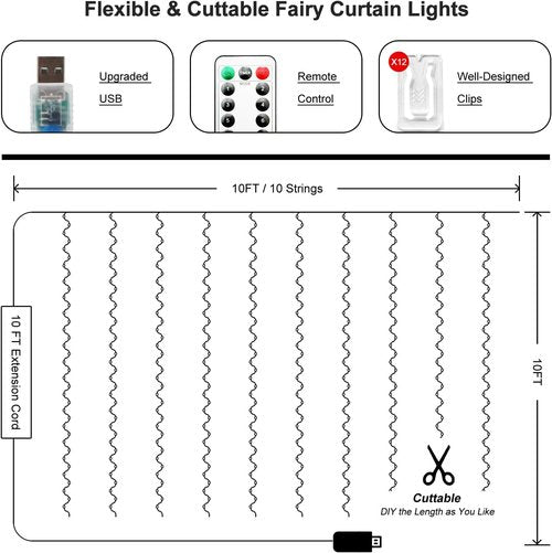 300 LED Fairy Curtain Lights - 9.8 x 9.8FT Warm White String Lights with Remote | Perfect for Christmas, Weddings, and Indoor Decor